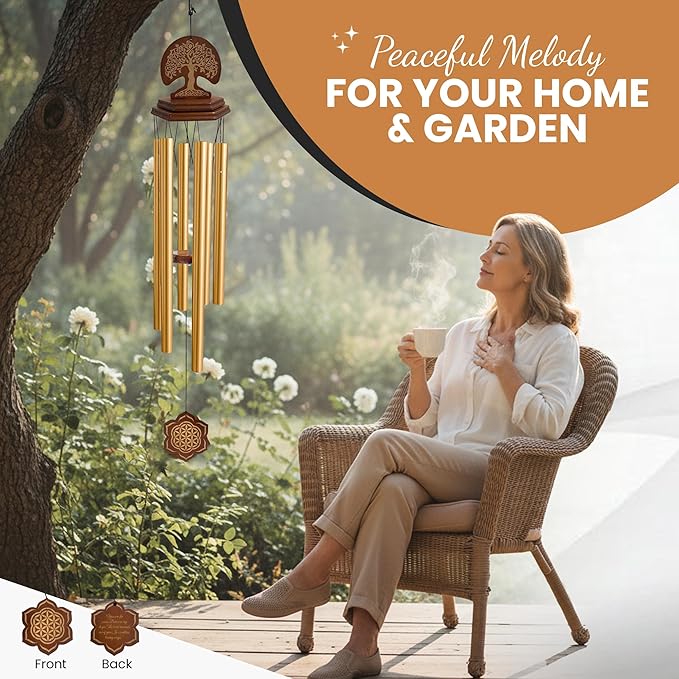 Wind Chimes Outdoor - Sympathy Gift for Loss of a Loved one, 36" Funeral Gift Includes a Letter from Heaven & Keepsake Keychain, Deep Toned, Double Sided Engraving Hexagonal Pendant - Golden