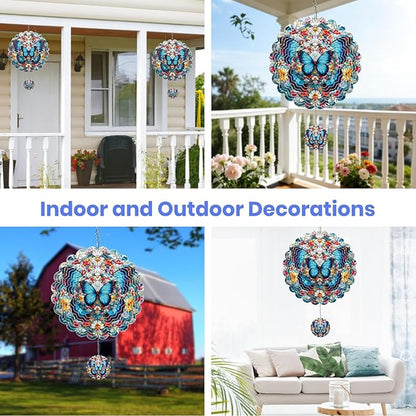 MXJSUA Blue Butterfly Wind Spinners for Indoor Outdoor Garden Decoration, 12 Inch Flowers Stainless Steel Hanging Wind Spinners Ornaments Crafts for Gifts
