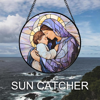 DASTOLL Christian Gifts for Women - Stained Glass Window Hanging Easter Virgin Mary Holding Jesus Sun Catcher Garden Religion Decor Mother's Day Catholic Gift for Men Grandma Nana Her Mom 6.3"