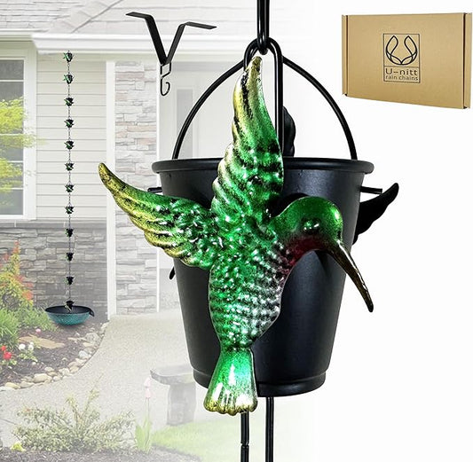 U-nitt Rain Chain Water Collection for Gutters Rainwater Catcher & Diverter, 8.5 FT Chains for Outside Garden, Bird Bucket Cups, Roof Downspout, Works with Heavy Rain, w/ Gutter Clip for Rainchains