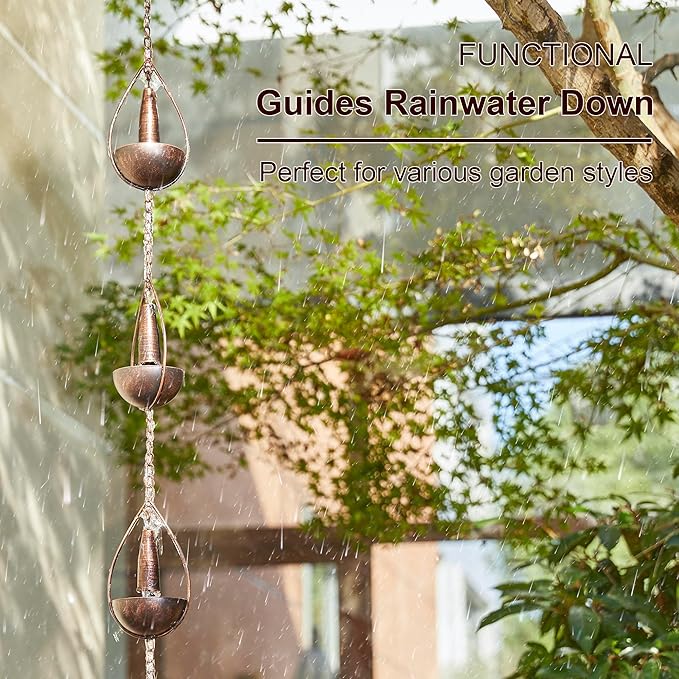 Glitzhome 8.5 FT Rain Chains, Faux Copper Bowl and Bell Rain Chains for Gutters with 10 Cups, Adjustable Rain Catcher Chain with V-Shaped Gutter