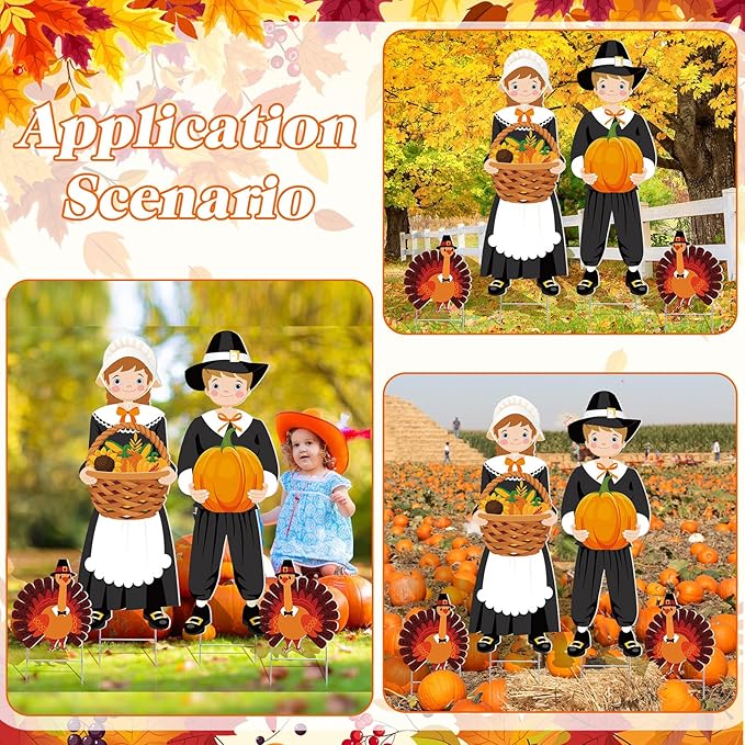 Geetery 4 Pieces Thanksgiving Outdoor Decorations Fall Yard Stake Scarecrow Pilgrim Pumpkins Porch Sign with Stake Autumn Harvest Garden Decor for Outside Lawn Decoration 32.28 x 10.47 Inch(Pilgrim)