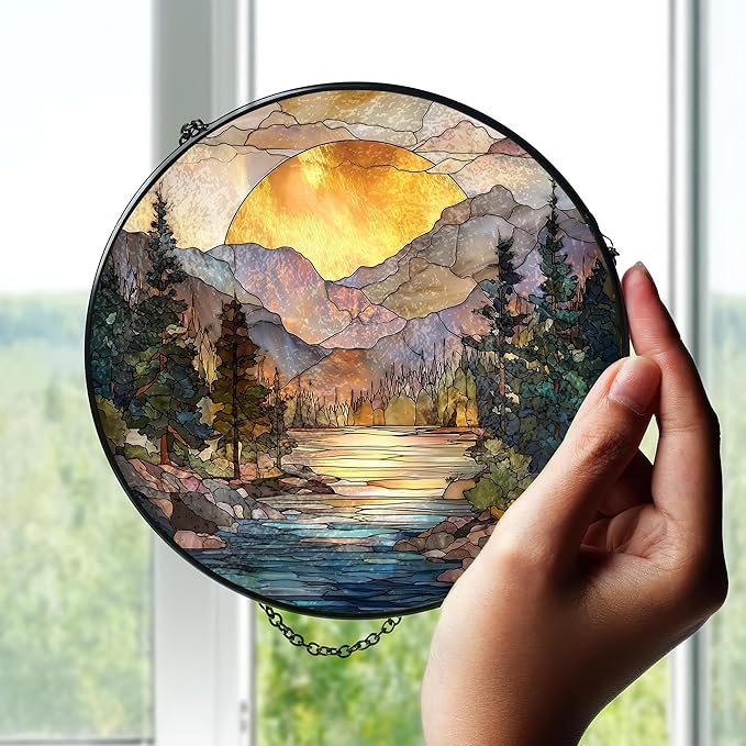 7.8" Mountain Range Suncatcher Stained Glass Window Hanging Sunset Sun Catcher Lake River Ornaments Wall Art Home Garden Room Decor Birthday for Nature Lovers Women Mom