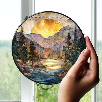 7.8" Mountain Range Suncatcher Stained Glass Window Hanging Sunset Sun Catcher Lake River Ornaments Wall Art Home Garden Room Decor Birthday for Nature Lovers Women Mom