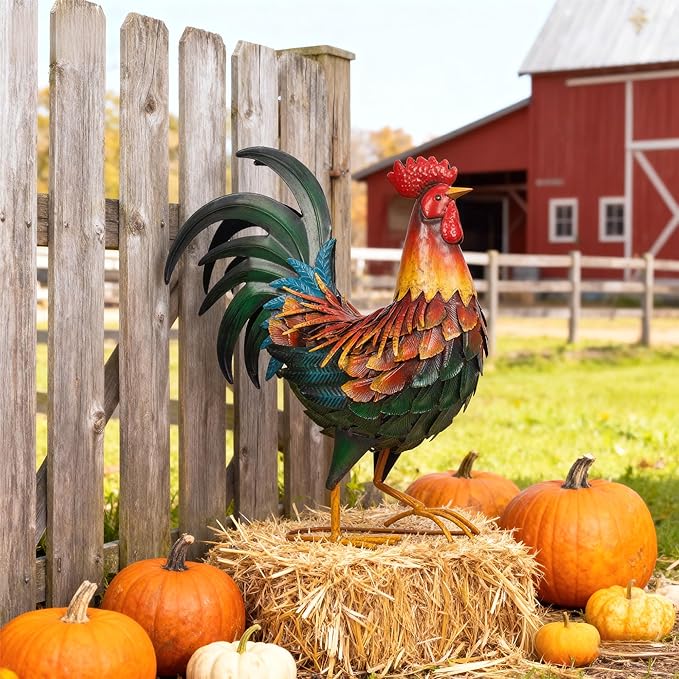 Ratuor Metal Rooster Decor Garden Statue,Chicken Yard Art Decoration Outdoor Sculpture for Backyard Patio Kitchen Lawn Ornaments,Birthday Housewarming Gifts for Women Mom