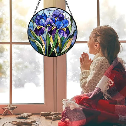 Stained Glass Window Hanging - Blue Purple Iris Flower Suncatcher for Door Garden Patio Sun Catchers Decor Christmas Mother's Day Birthday Gifts for Women Men Mom Nana Aunt Friend 6.3 in