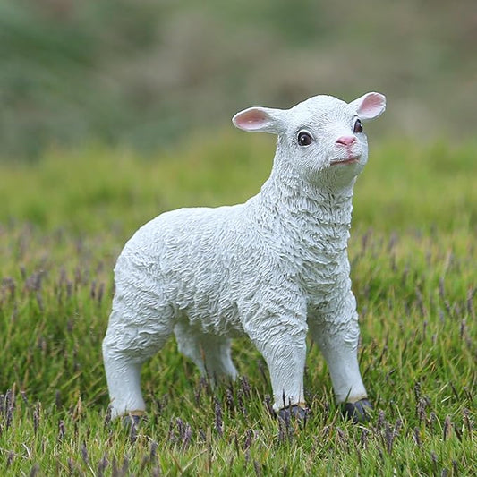 Garden Lamb Figurine, White Resin Sheep Statue, 7.09 x 7.48 inches, Outdoor Decorative Animal Sculpture