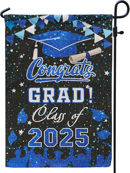 PAMBO Graduation Garden Flag Class of 2025, Blue Congrats Grade Flag for Outside Hanging Decors 12x18 Inch Burlap