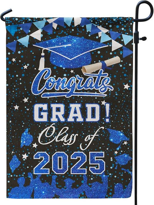 PAMBO Graduation Garden Flag Class of 2025, Blue Congrats Grade Flag for Outside Hanging Decors 12x18 Inch Burlap