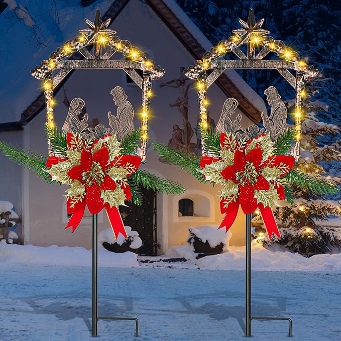Moukeren 2 Pcs 2 Pcs 3.5ft Nativity Scene Outdoor Yard Stakes, Solar Lighted Outdoor Metal Christmas Nativity Scene Decoration for Christmas Holiday Lawn Garden Yard Decoration (Classic)