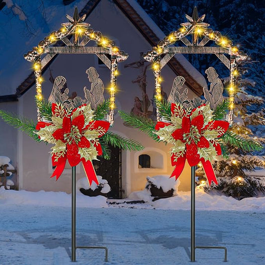 Moukeren 2 Pcs 2 Pcs 3.5ft Nativity Scene Outdoor Yard Stakes, Solar Lighted Outdoor Metal Christmas Nativity Scene Decoration for Christmas Holiday Lawn Garden Yard Decoration (Classic)
