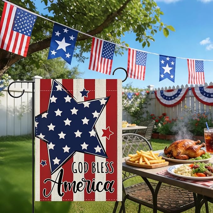 Dyrenson 4th of July Patriotic Christian Stars Stripes Decorative Garden Flag, Religious God Bless America Yard Outside Home Decoration, American USA Burlap Outdoor Small Decor Double Sided 12 x 18