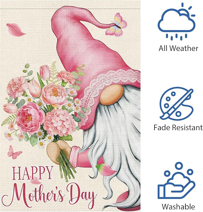 Heyfibro Happy Mother's Day Garden Flag 12x18 Double Sided Burlap, Gnome Garden Flag with Pink Floral Bouquet Yard Banner for Spring Outside Outdoor House Mothers Day Decoration (ONLY FLAG)