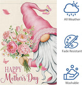 Heyfibro Happy Mother's Day Garden Flag 12x18 Double Sided Burlap, Gnome Garden Flag with Pink Floral Bouquet Yard Banner for Spring Outside Outdoor House Mothers Day Decoration (ONLY FLAG)