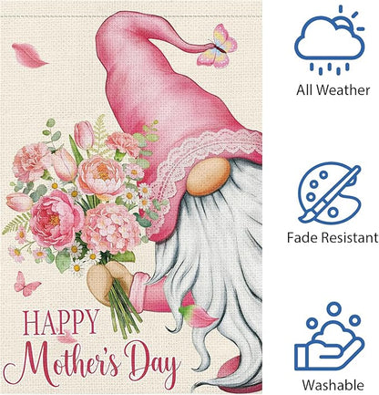 Heyfibro Happy Mother's Day Garden Flag 12x18 Double Sided Burlap, Gnome Garden Flag with Pink Floral Bouquet Yard Banner for Spring Outside Outdoor House Mothers Day Decoration (ONLY FLAG)