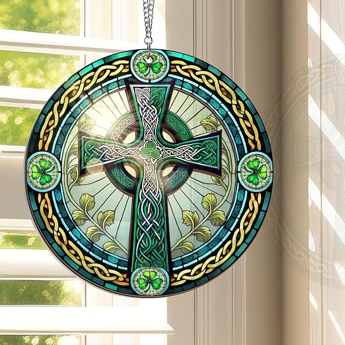 FLAGWIX St Patricks Day Decorations - Saint Patricks Day Decor, Double Layered Hanging Suncatcher 8 inch, Shamrock Celtic Cross for Home Window Garden - Irish Gifts for Men Women Friends Family