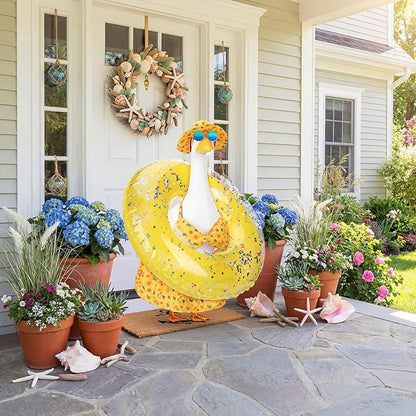 Abbylike Summer Bikini Porch Goose Outfits Yellow Bikini Hawaiian Goose Costume Clothes with Swimsuit, Swim Ring, Sun Hat, Sunglasses Fits Large 23'' Cement for Garden Yard Statue Lawn Art Decoration