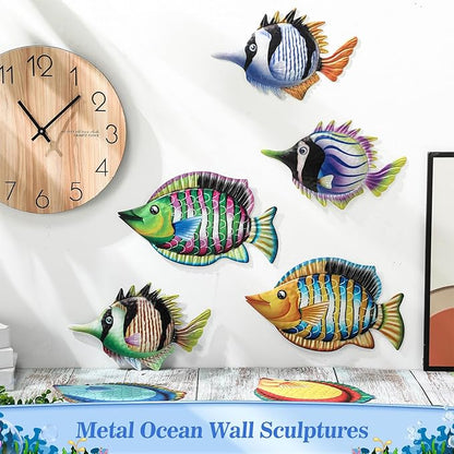 Tandefio 8 Pcs Metal Wall Decor Wall Art Hanging Decorations Outdoor Indoor Sculptures for Garden Fence Pool Home Porch(Fish)