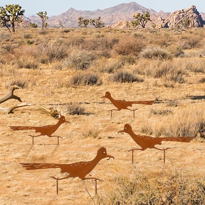 Geelin 4 Pcs Metal Roadrunner Yard Art Southwest Decor Roadrunner Rusty Paint Garden Stakes Desert Bird Animals Silhouette Outdoor Decoration for Courtyard Lawns Backyard Patio Pathway Ornaments