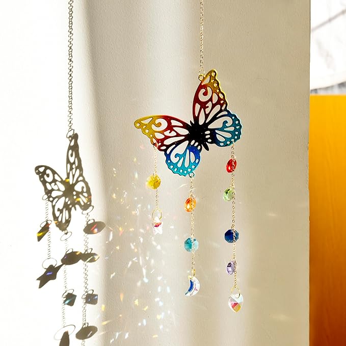 Butterfly Crystal Suncatcher, Hanging Garden Suncatchers, Butterfly Crystal Decoration for Window & Garden, Decorative Hanging Ornament