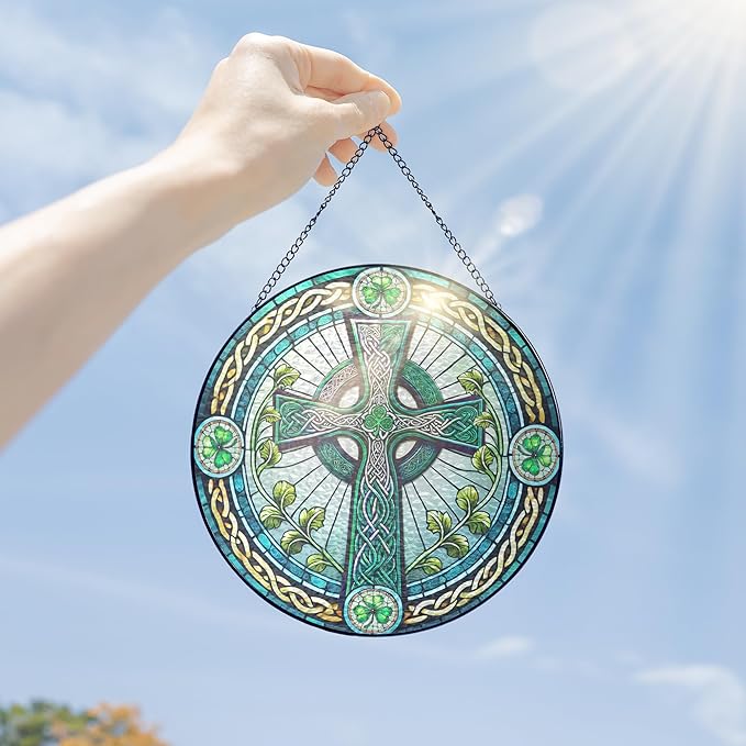 FLAGWIX St Patricks Day Decorations - Stained Glass Hanging Suncatcher 10 in - Birthday Irish Decorations, Irish Gifts for Women Men, Celtic Cross Home Decor