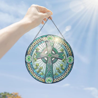 FLAGWIX St Patricks Day Decorations - Stained Glass Hanging Suncatcher 8 in - Birthday Irish Decorations, Irish Gifts for Women Men, Celtic Cross Home Decor
