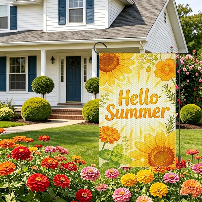 Hello Summer Sunflower Garden Flag 12x18 Inch Double Sided Bright Yellow Seasonal Outdoor Flag for Patio Porch Yard Decor