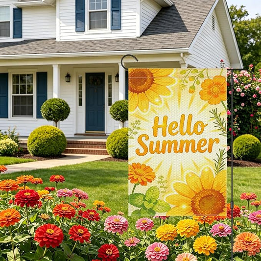 Hello Summer Sunflower Garden Flag 12x18 Inch Double Sided Bright Yellow Seasonal Outdoor Flag for Patio Porch Yard Decor