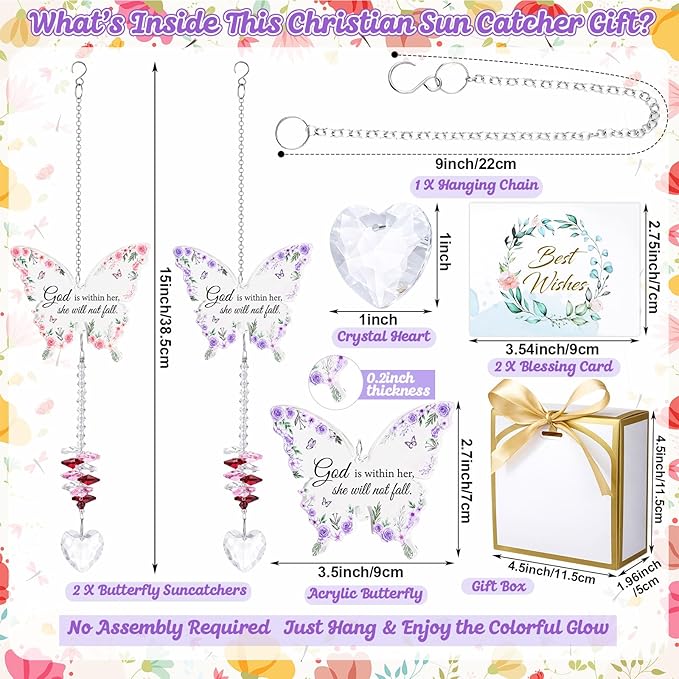 Didaey 2 Pcs Christian Crystal Butterfly Suncatchers Inspirational Religious Gifts for Women Pink Purple Windows Car Hanging Ornament with Greeting Card and Gift Box for Mom Friend Mother's Day