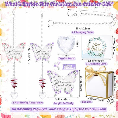Didaey 2 Pcs Christian Crystal Butterfly Suncatchers Inspirational Religious Gifts for Women Pink Purple Windows Car Hanging Ornament with Greeting Card and Gift Box for Mom Friend Mother's Day