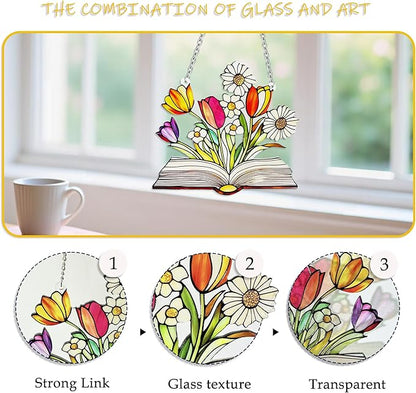 Stained Glass Book for Windows, bookand Flower Hanging Sun Book Indoor Window, Theme Birthday Gifts for hummingbirding Lovers