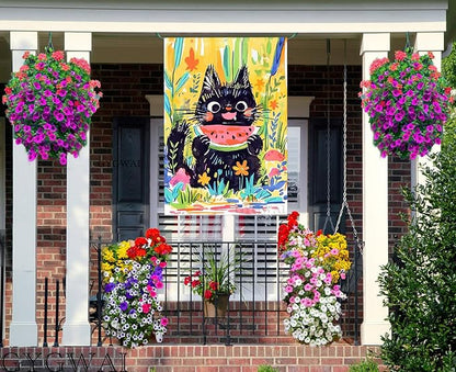 Summer Cat House Flag 28 x 40 Inch Double Sided, Cute Black Cat Eating Watermelon with Floral Flowers Large Burlap Yard Garden Flag Seasonal Outside Outdoor Decorations