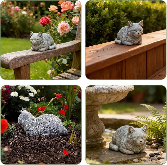 6 Inch Cat Garden Statues - Outdoor Decor for Patio Yard Art, Sleeping Cat Gifts for Women - Durable Grey Resin