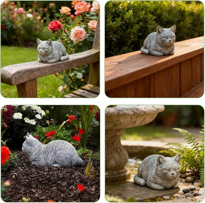 6 Inch Cat Garden Statues - Outdoor Decor for Patio Yard Art, Sleeping Cat Gifts for Women - Durable Grey Resin