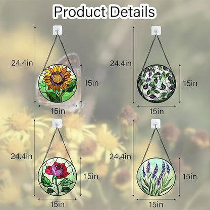 Stained Glass Window Hanging 4 Pcs Set Red Roses Yellow Sunflowers Large 15" - Flower Suncatcher Door Garden Sun Catcher Decor Birthday Mother's Day for Mom Woman Nana Girl