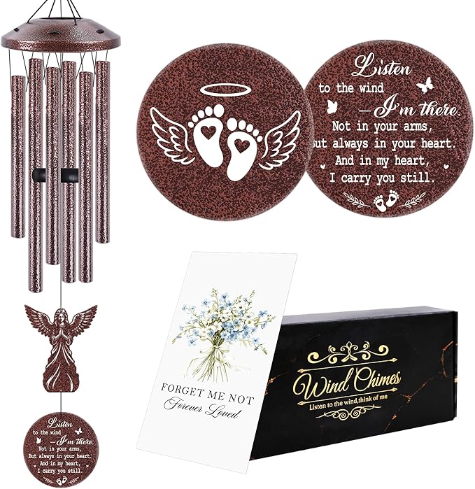 Miscarriage Sympathy Gifts for Mothers, Wind Chimes for Outside, Memorial Wind Chimes with Angel Charm and Sympathy Card for Baby Loss Gifts for Mom Garden Patio Porch