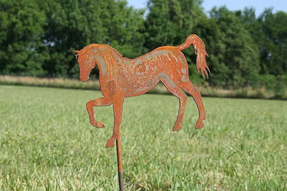 Pets and Farm Animals Metal Garden Landscape Stake (9" Wide Horse on Stake, Naturally Rusted)