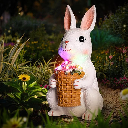 Brightever Solar Powered Garden Statues- Bunny Figurines for Spring & Mother's Day, Outdoor Rabbit Statue with Colorful LED Lights for Patio, Balcony, Lawn, Birthday Gifts for Women, Mom, Female