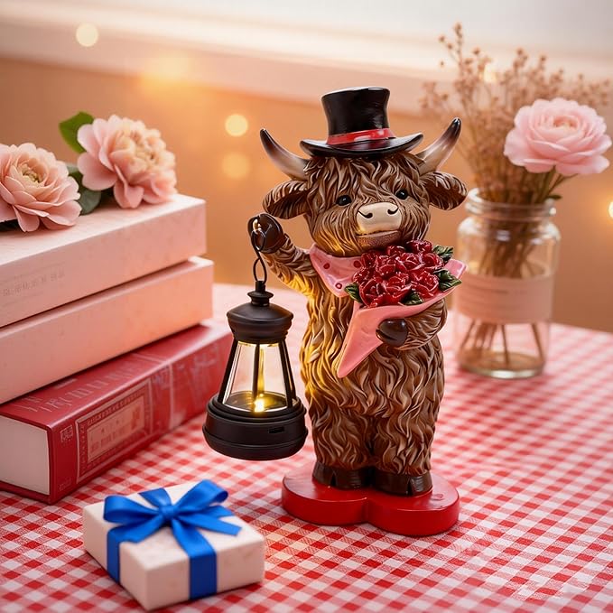 TERESA'S COLLECTIONS 8" Charming Highland Cow Garden Statue with Solar Lantern, Valentine's Day Resin Figurine Holding Roses and Wearing Top Hat, Weatherproof Outdoor Decor, Gifts for Cows Lover