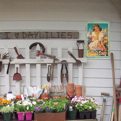 Penitue Vintage Metal Garden Sign, 12x8 Inch Rustic Metal Tin Sign Wall Plaque for Outside Patio Yard Art Decoration Funny Gardening Gifts for Women, Mom, Plant Lovers (Hoeing Ain't Easy)