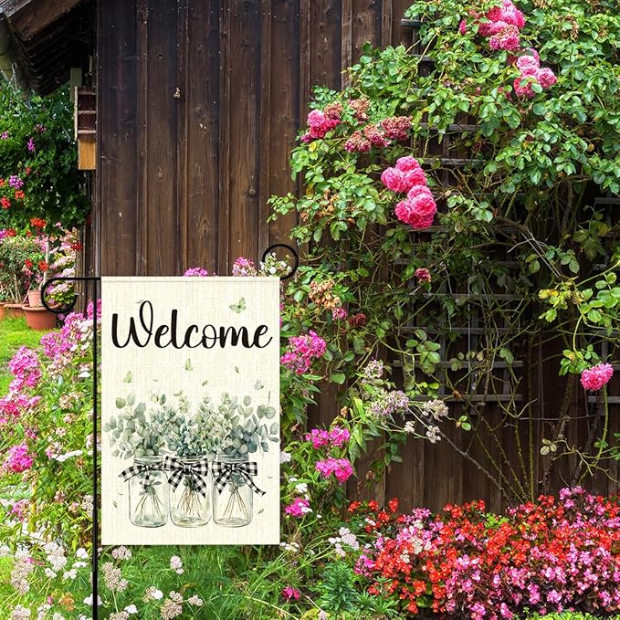 Welcome Garden Flags for Outside,Eucalyptus Mason Jar Spring Yard Flag for Lawn Porch Outdoor Decorations 12x18 Inch Double Sided