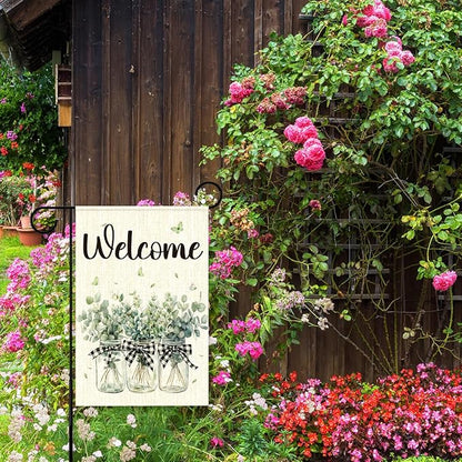 Welcome Garden Flags for Outside,Eucalyptus Mason Jar Spring Yard Flag for Lawn Porch Outdoor Decorations 12x18 Inch Double Sided