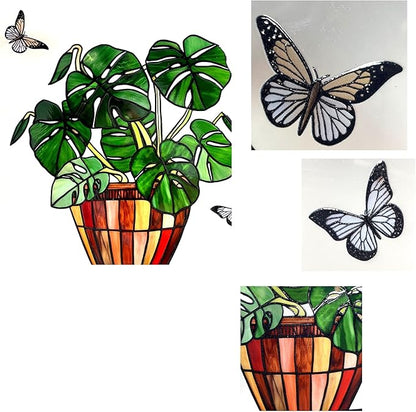 Monstera and Butterflies Stained Glass Suncatcher Panel 7.8x7.8 inches Square Window Hanging Panel for Home Decor Handcrafted Real Glass Window Art for Wall or Garden