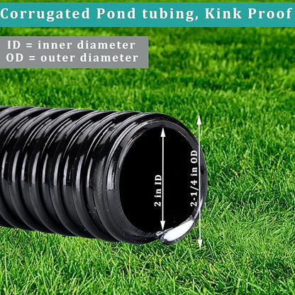 Pond Hose ID 2” × 10ft Black Corrugated Flexible Reinforced PVC Hose Vinyl Tubing for Pond Pump Fountain Garden Waterfall, Non-toxic & Kinkproof, with 2 clamps