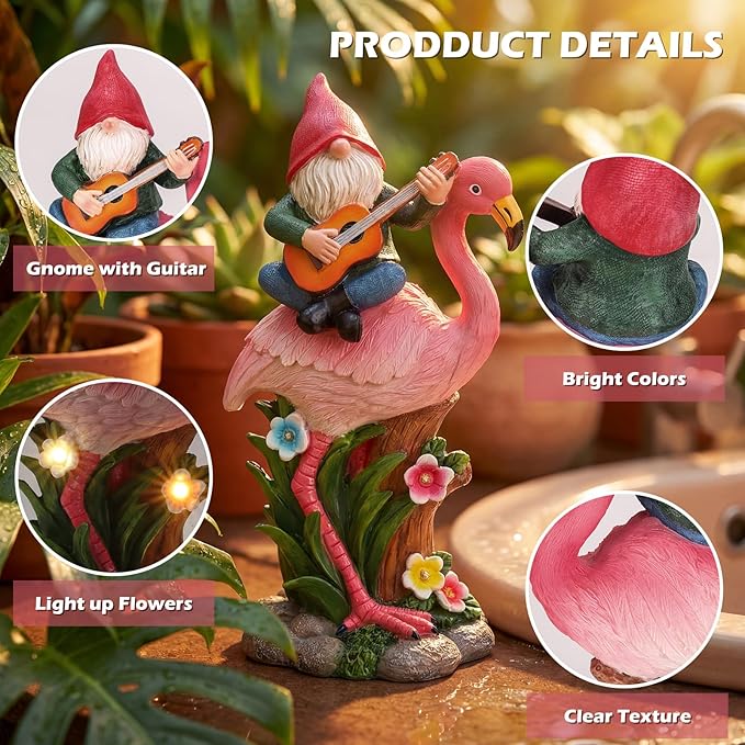 EXYGLO Solar Gnome Garden Decor Statue, 10" Gnome Riding Flamingo Outdoor Funny Decoration for Lawn, Patio, Yard, and Unique Housewarming, Birthday Ornament Gift for Mother, Friend, Family