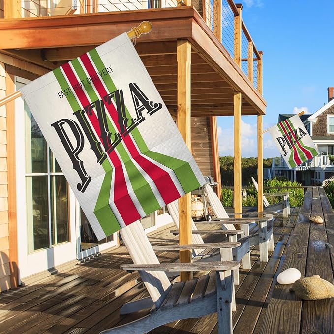 Mugod Retro Pizza Decorative House Flag Double Sided 28 x 40, Italian Food Red Green Striped Large Burlap Outdoor Flag Garden Yard Outside Decoration