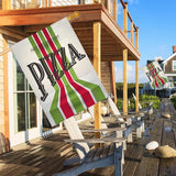 Mugod Retro Pizza Decorative House Flag Double Sided 28 x 40, Italian Food Red Green Striped Large Burlap Outdoor Flag Garden Yard Outside Decoration