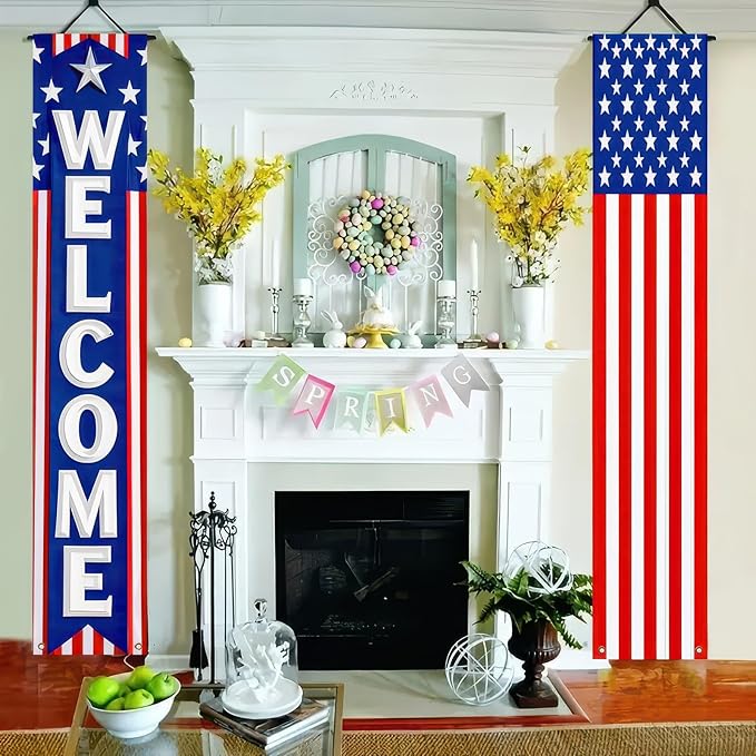 BlissYard 2Pcs Patriotic Decor Welcome Door Banner 4th of July Decorations American Banners Hanging Porch Signs for Independence Memorial Day Veterans Labor Day for Yard Indoor Outdoor Supplies