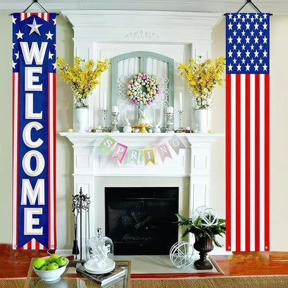BlissYard 2Pcs Patriotic Decor Welcome Door Banner 4th of July Decorations American Banners Hanging Porch Signs for Independence Memorial Day Veterans Labor Day for Yard Indoor Outdoor Supplies