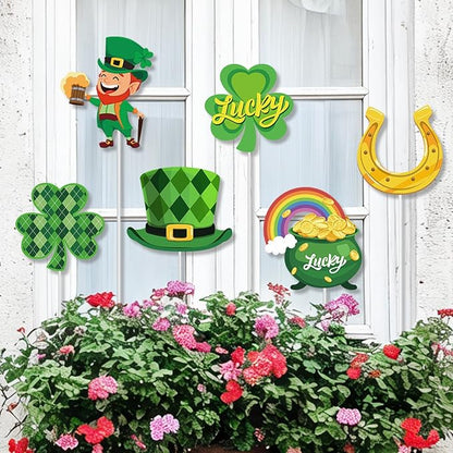 Cinrobiye 6 Pcs St Patrick’s Day Planter Stakes Metal Shamrock Garden Stakes Irish Table Centerpiece Lucky Clover Pot of Gold Leprechaun Decorations for Lawn Garden Farmhouse Decor